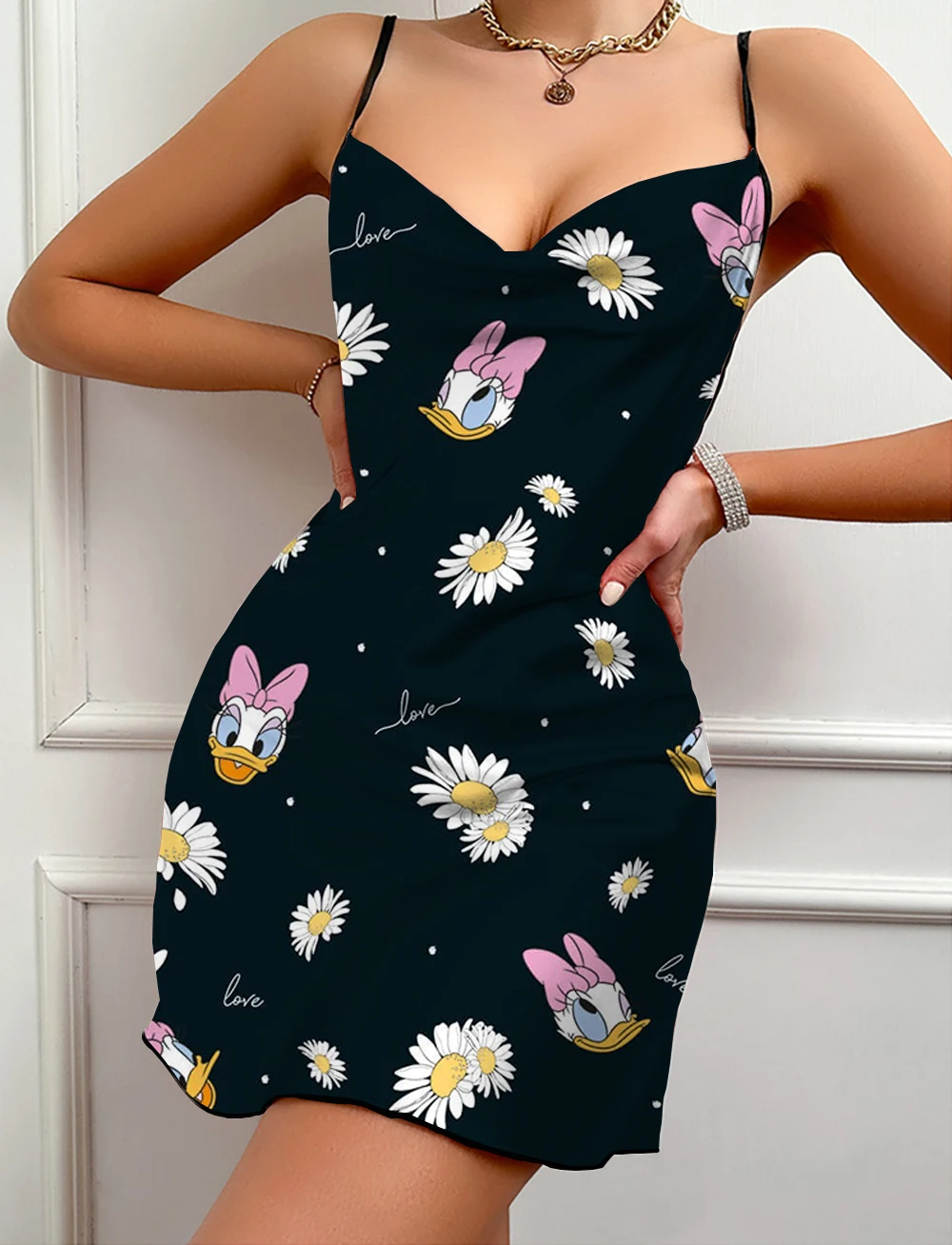 

Ladies Suspenders Lace Satin Pajama Dress Donald Duck Daisy Cartoon Print Simple Fashion Sexy Butterfly Backless Dress