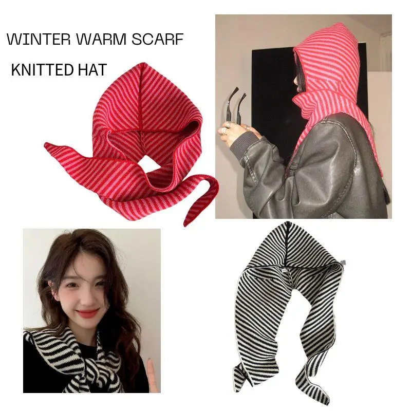 

Вязаная шапка в стиле ретро с шарфом, женский полосатый шарф, шапка, шарф с капюшоном для девочек, зимняя цельная Балаклава, шапка, защита шеи, теплая
