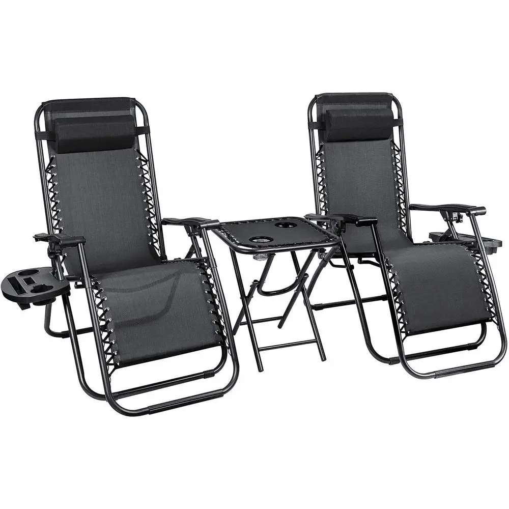 

3-Piece Zero Gravity Reclining Patio Chairs with Side Tables (Black)