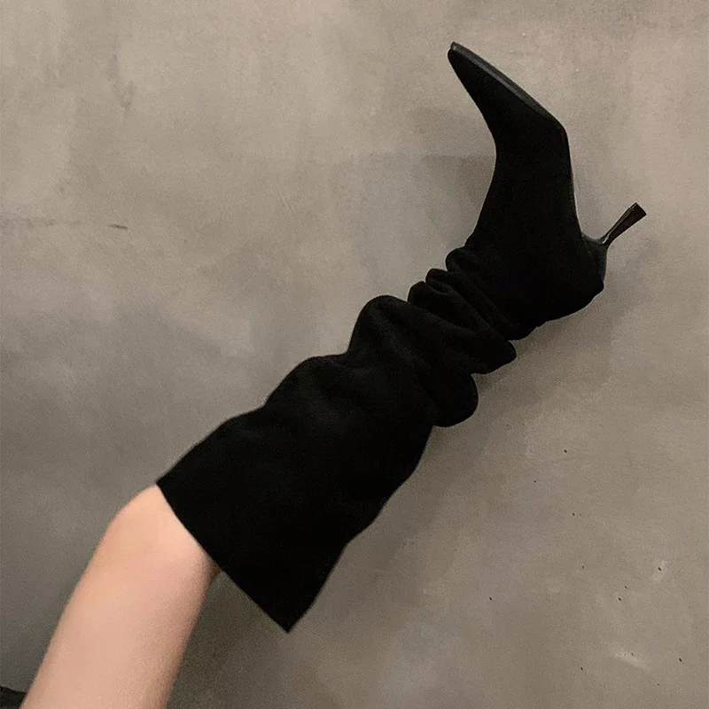 Sexy High Heel Women Knee High Boots Fashion Pleated Slip On Shoes Autumn Winter Ladies Knight Long Booties