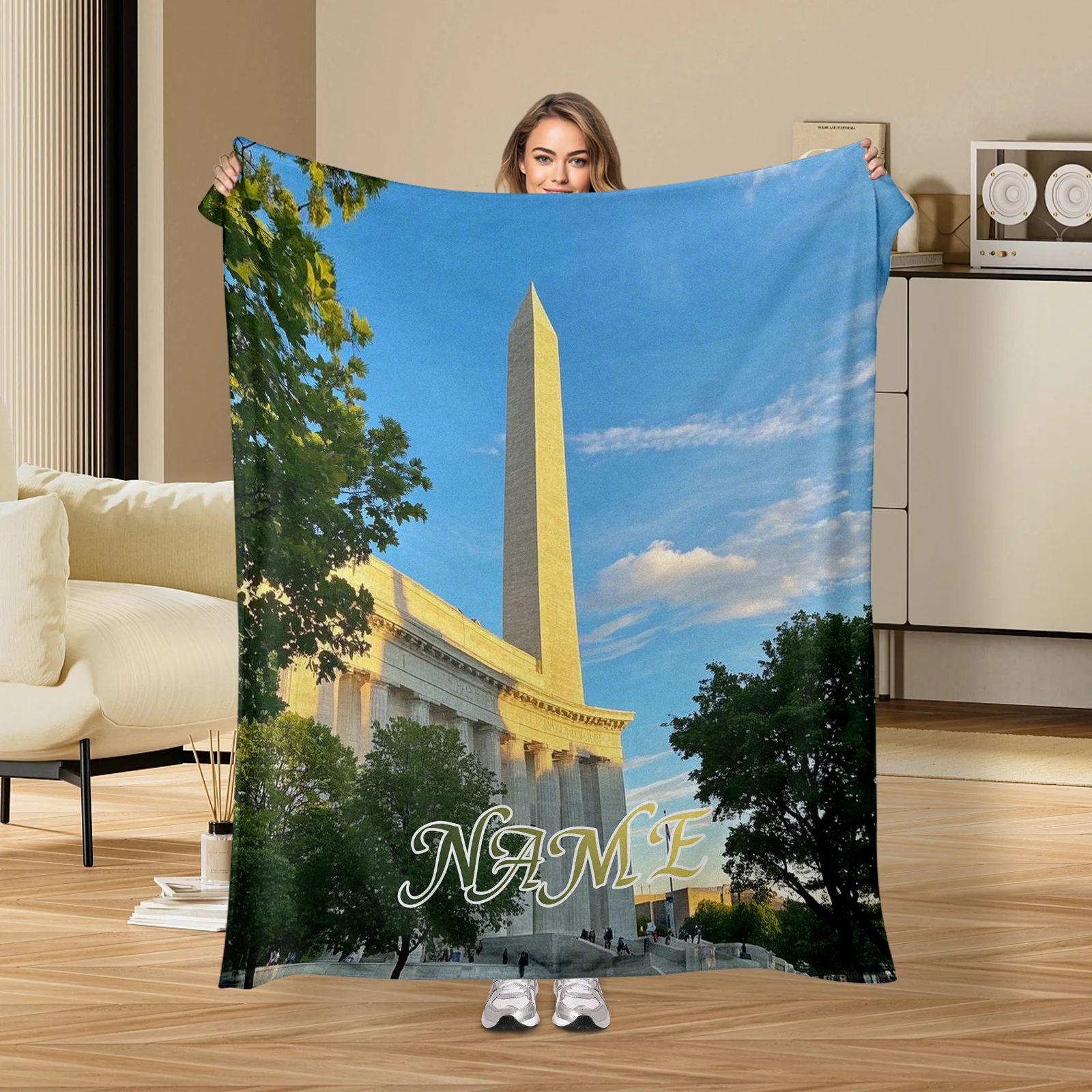 Name Customizable Flannel Blanket Featuring Washington Monument Great For Family Friends To Have A Cozy And Exclusive Item