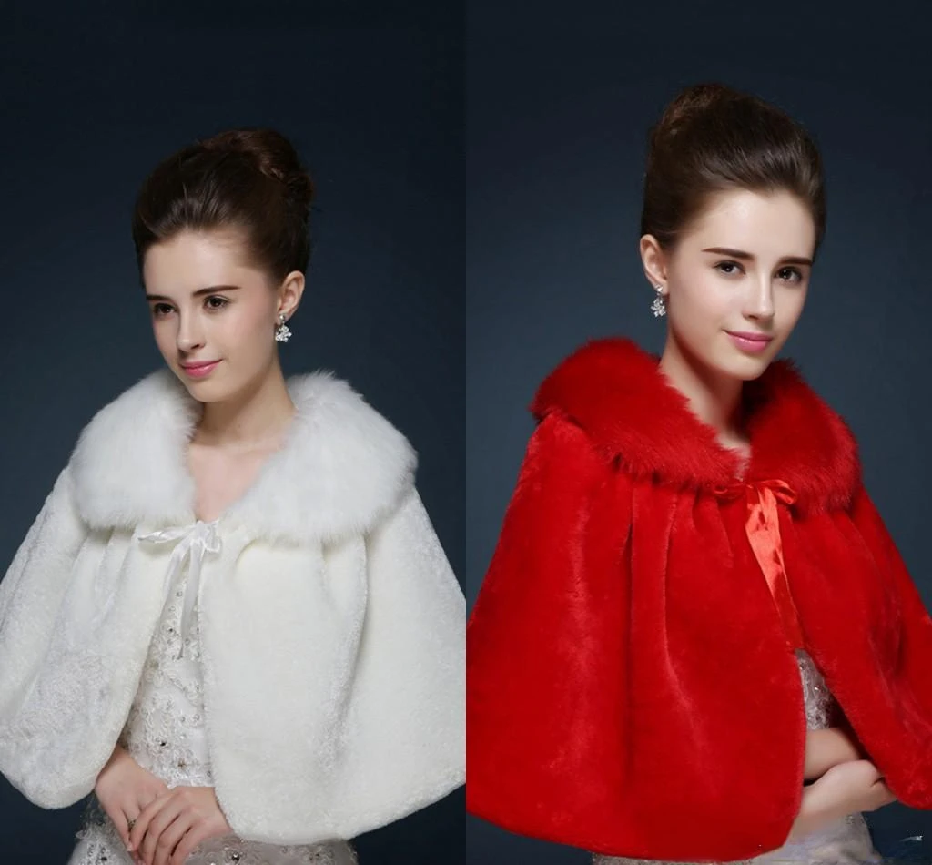 A buon mercato Faux Fur Wedding Wraps giacche da sposa corte Stock avorio rosso caldo scialle Bolero accessori da sposa