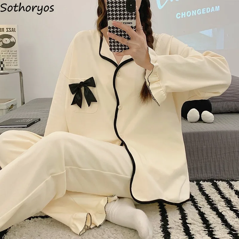 Pajama Sets Women Sweet Cute Bow Design Slouchy All-match Outfits Ins Autumn Homewear Harajuku Long Sleeve Daily Trendy Pyjamas