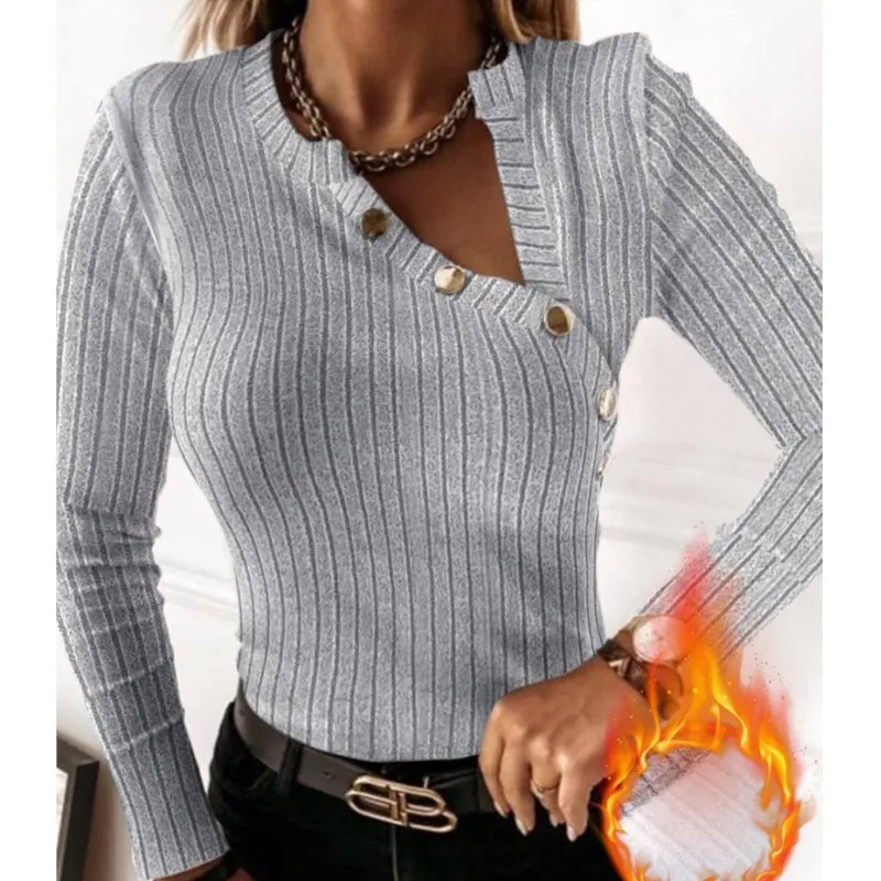 Women shirt trend asymmetrical collar long sleeved wool lined ribbed top front V-neck metal button slim fit T-shirt women's top