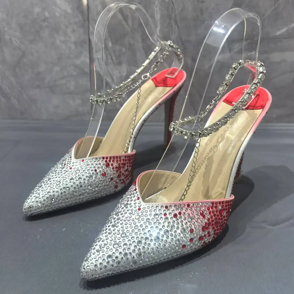 Colorblock Rhinestone Luxury Sandals Pointed Toe White Red Crystal Chain Slingback High Heels Sexy Elegant Women's Shoes