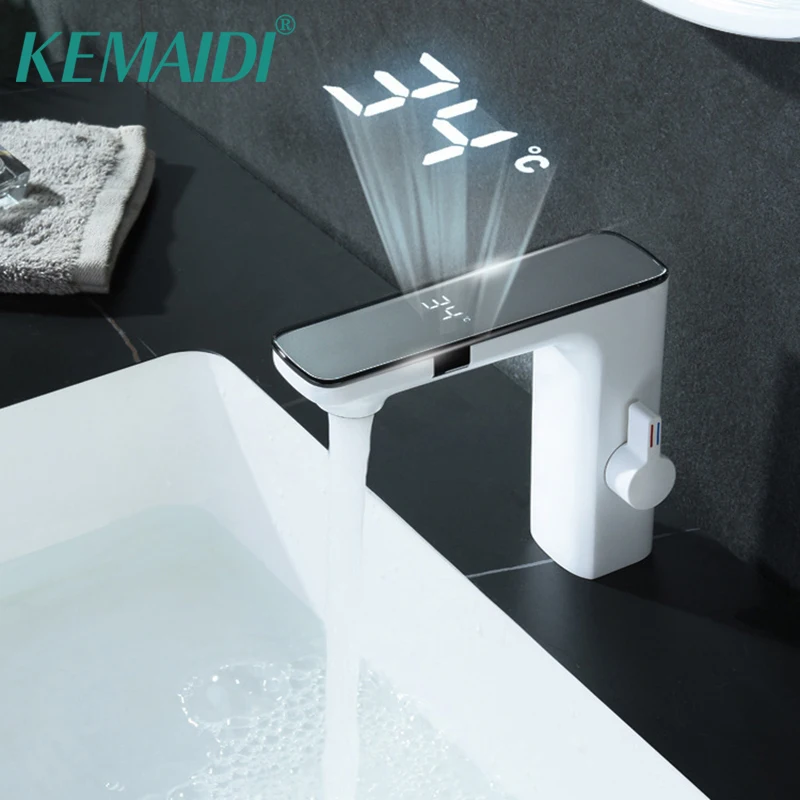 KEMAIDI Smart LCD Sensor Basin Faucet Digital Display Hot Cold Water Mixer Tap Vanity Touchless Faucet For Bathroom Totel Bar