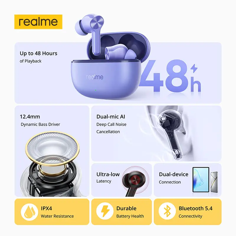 سماعات realme Buds T200 Lite TWS، مشغل باس ديناميكي 12.4 ملم، حتى 48 ساعة من التشغيل، إلغاء ضوضاء عميق بالذكاء الاصطناعي، بلوتوث 5.4 - 2