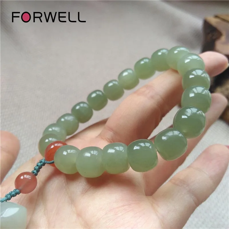 FORWELL Fine Jewelry Natural Hetian Nephrite Jade Clear Water Lake Green Bead Bracelet for  Women Fashion Gift for Girlfriend