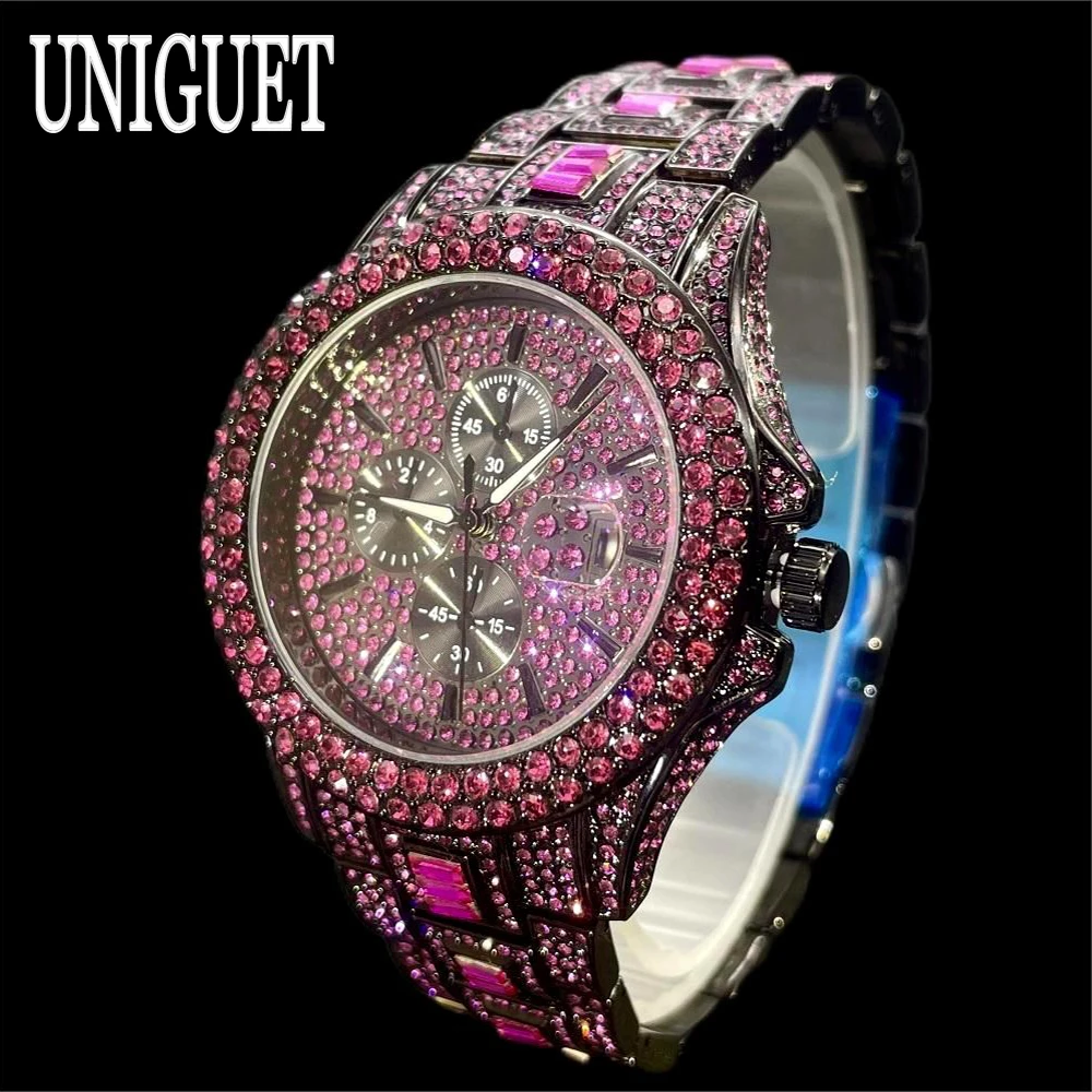 2024 UNIGUET Fashion Rose Diamonds Watch For Men Luxury Stainless Steel Auto Day Quartz Watches Man Hip Hop Iced Out Wristwatch