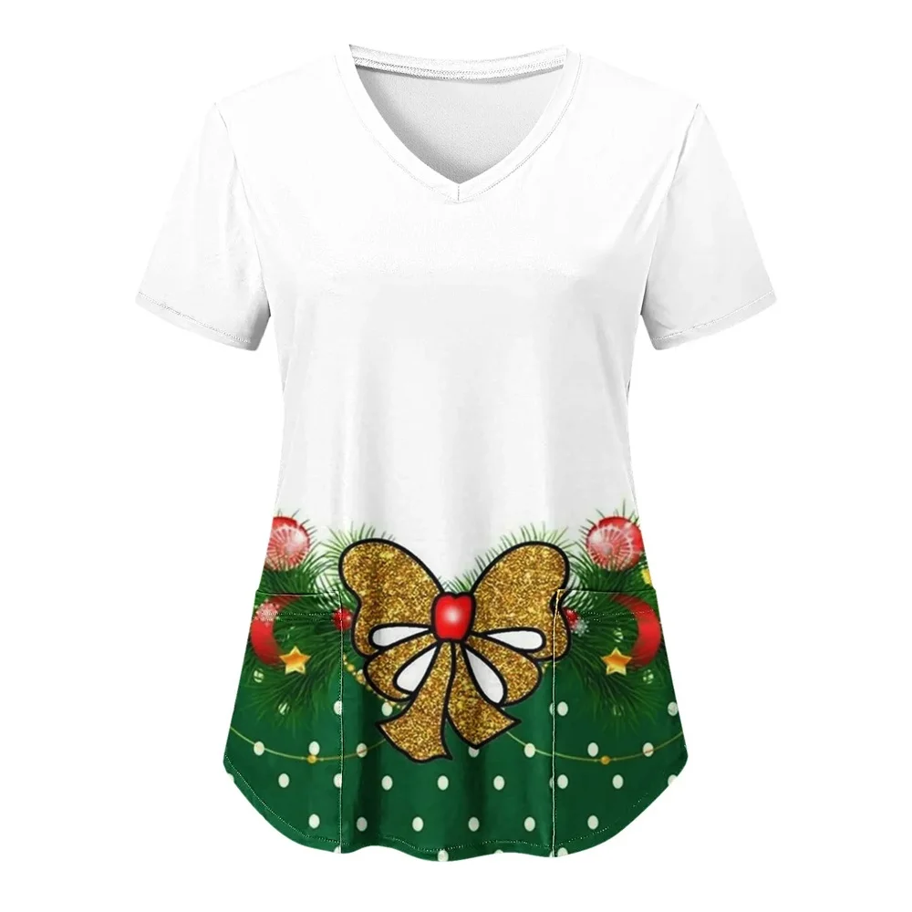 Women Christmas Nursing Scrubs Tops Working Uniform Blouse Short Sleeve V-neck tee Blusas Nursing Clothes Nurses Tunic Uniform