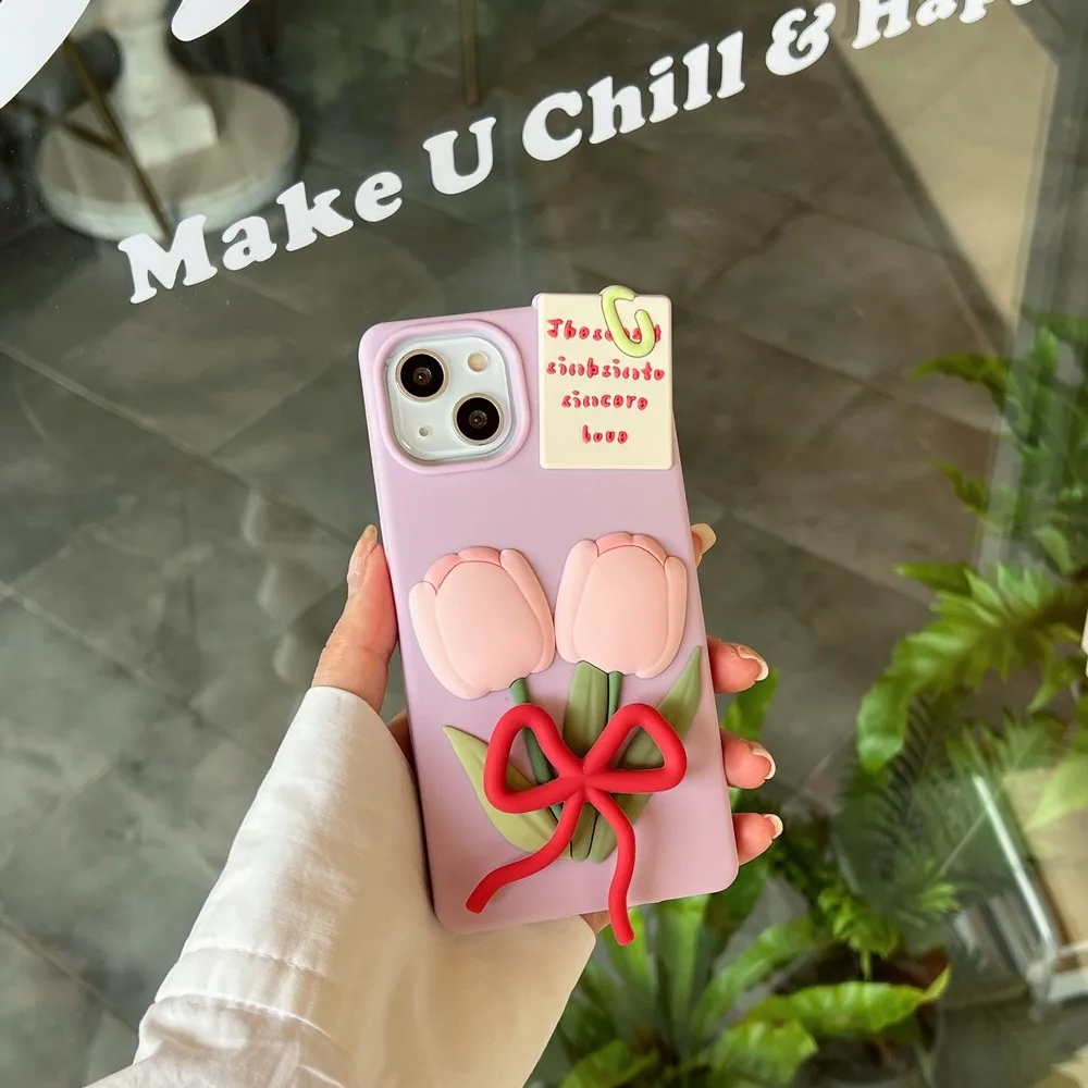 3D Beautiful Purple Tulip Bow for iPhone 14 14Pro 14ProMax 13Pro 13Promax 13 12 12Promax 12Pro 11 Straight Edge Soft Shell