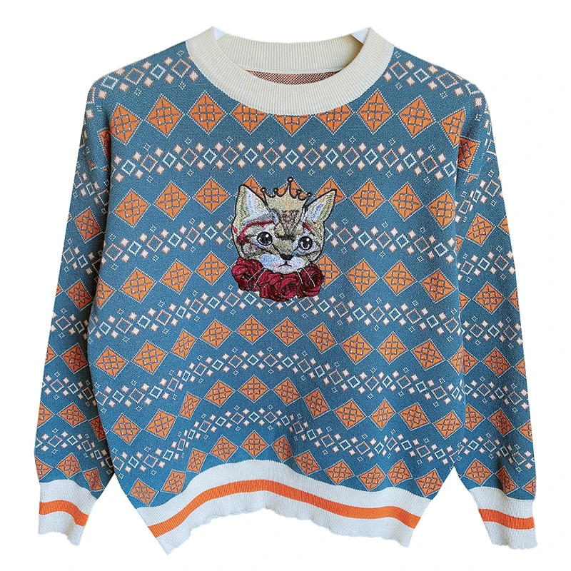 Argyle Kitty Embroidered Sweater Jumpers Women Vintage Stylish Fashion Loose Pullover Tops Long Sleeve O-neck Chic Knitwear 2023