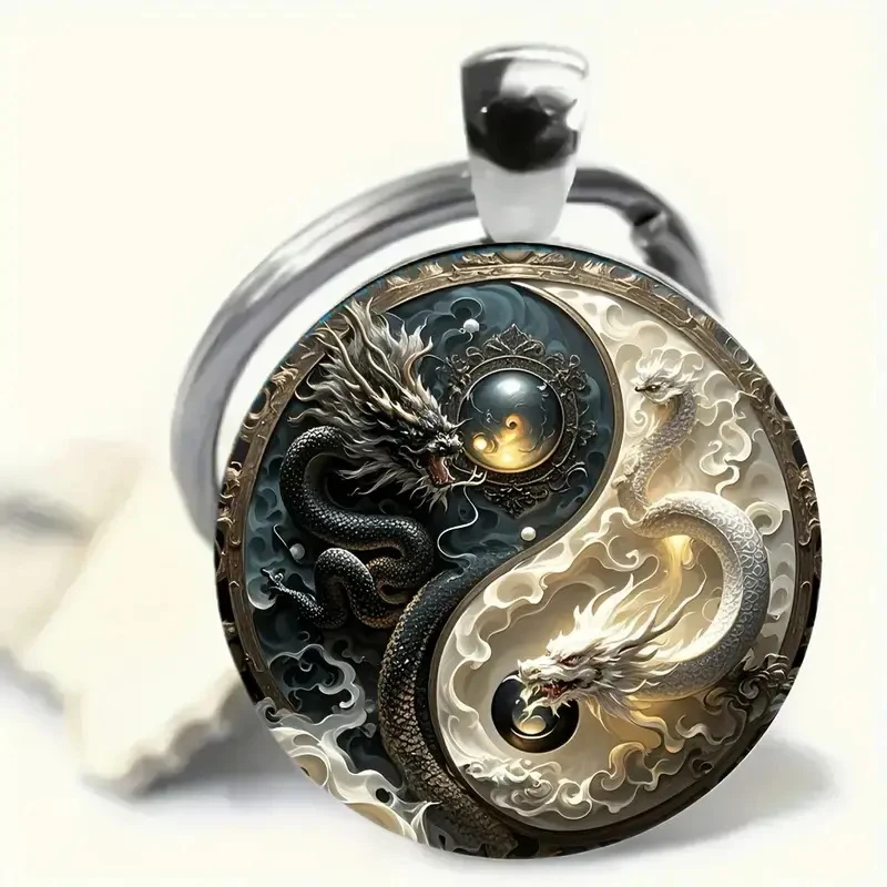 يين يانغ التنين المفاتيح الأزياء سبيكة قلادة أسود أبيض التنين تصميم هدية فريدة للحقائب وحقائب الظهر
