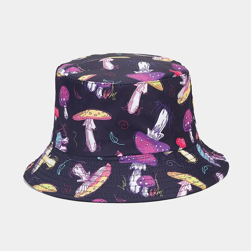 Four Seasons Cotton Cartoon Mushroom Print Bucket Hat Fisherman Hat Outdoor Travel Sun Cap for Men and Women 184