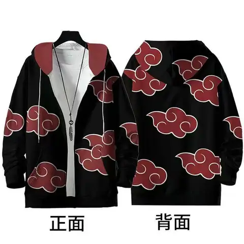 Naruto Akatsuki Zip Up Hoodie Unisex Black Hooded Jacket Cloud Print Long Sleeve Anime Cosplay Sweatshirt Casual Streetwear Coat