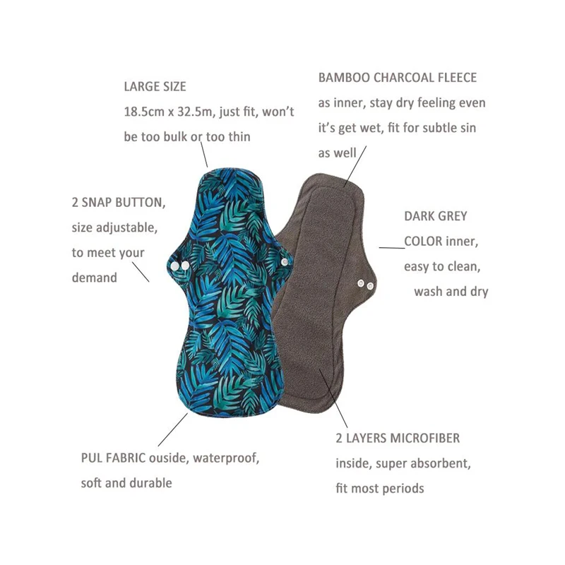 5pcs Reusable Menstrual Pads Large Cloth Sanitary Napkin Heavy-flow Menstrual Pads for Monthly Menstrual Period
