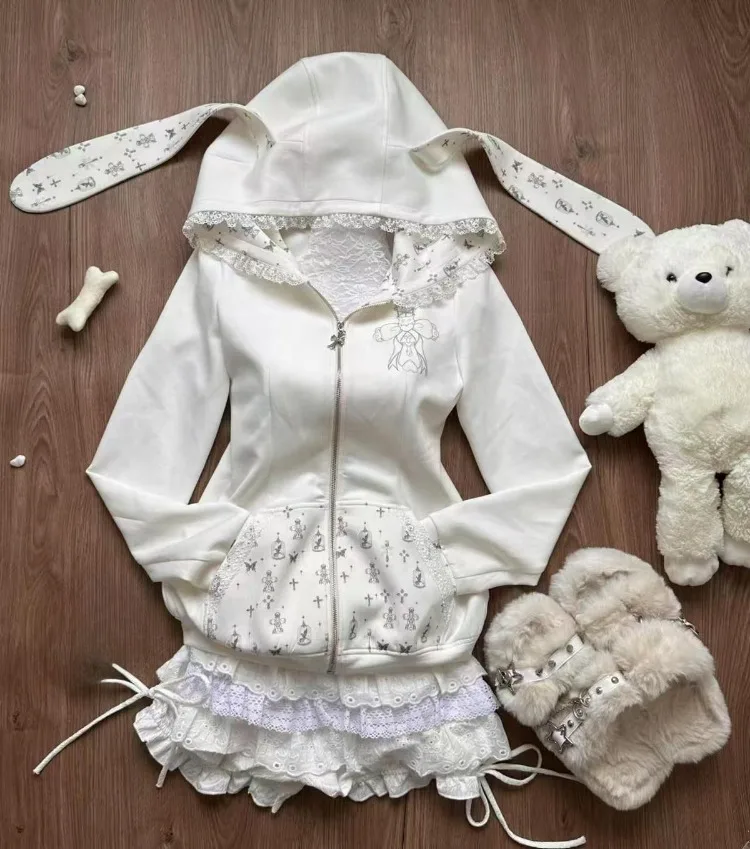 Y2k Two Pieces Set Sweet Kawaii Ears Hooded Coats + High Waist Patchwork Lace Ruffled Mini Cake Skirts Japanese Fluffy Jackets