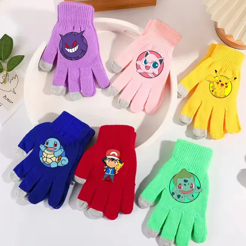 Guantes de punto de Pokemons para niños y niñas, manoplas de dibujos animados de Anime, guantes cálidos para pantalla táctil para otoño e invierno, regalos de navidad