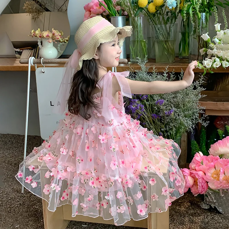 (0-3 Years Old) Summer Baby Girl Wearing Petal Suspender Princess Dress, Girl Mesh Birthday Party Dress