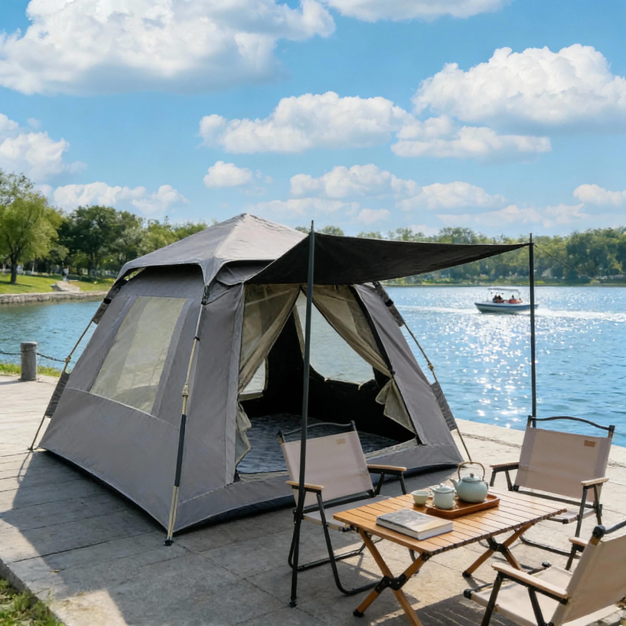 Camping Outdoor Fully Automatic Quick Opening 210D Oxford Cloth Four-Season Waterproof 3-4 Person One Bedroom Living Room Tent