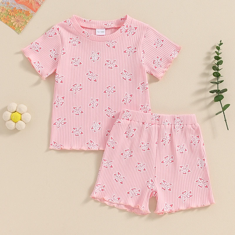 

2024-03-26 Lioraitiin Toddler Girl Summer Outfit Flower Print Round Neck Short Sleeve T-Shirts Tops and Shorts 2Pcs Clothes Set