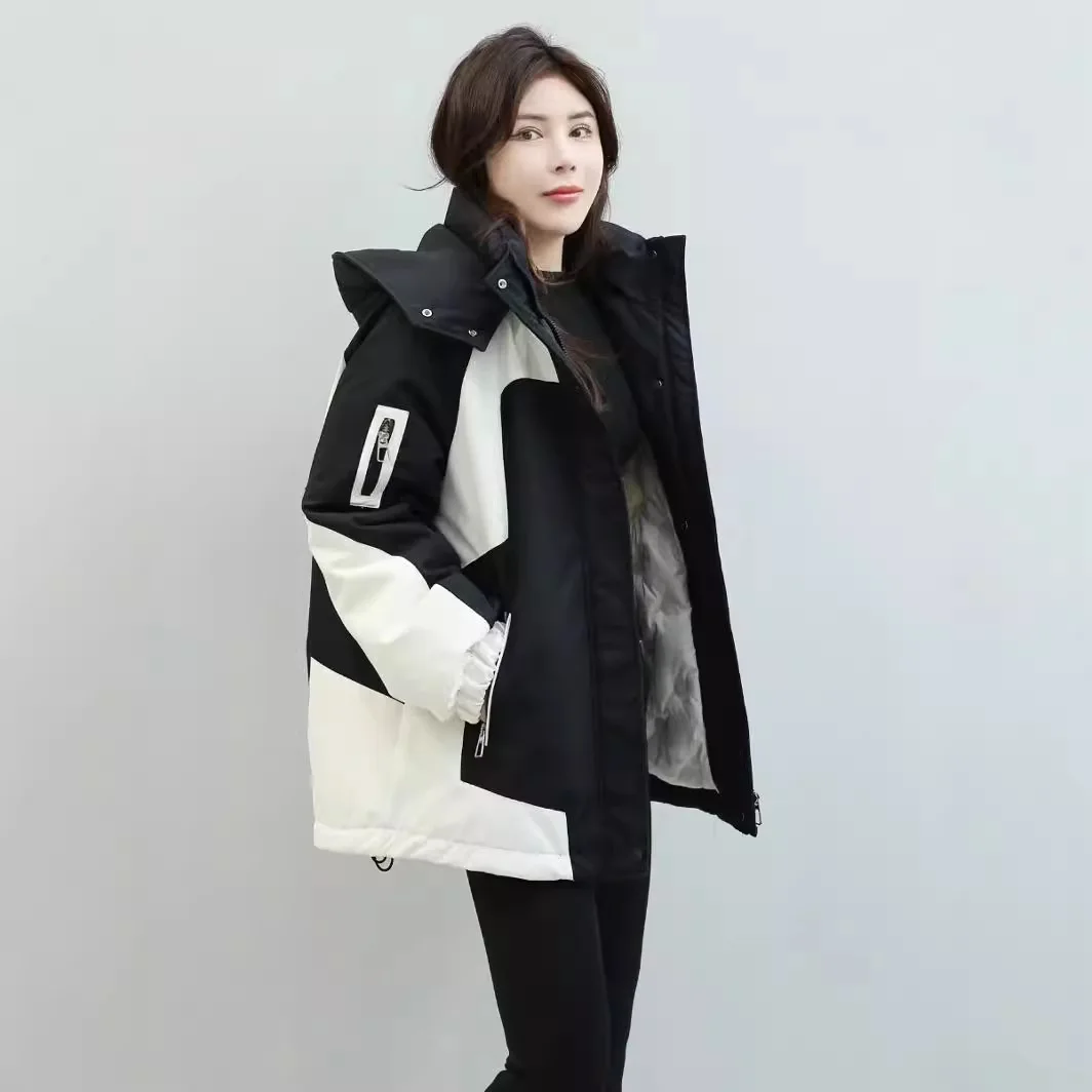 Women Parkas Hoodies Cargo Coats Print Spliced Long Sleeve Sporty Zipper Jacket Casual Elegant Pockets Jackets Thick Warm Winter