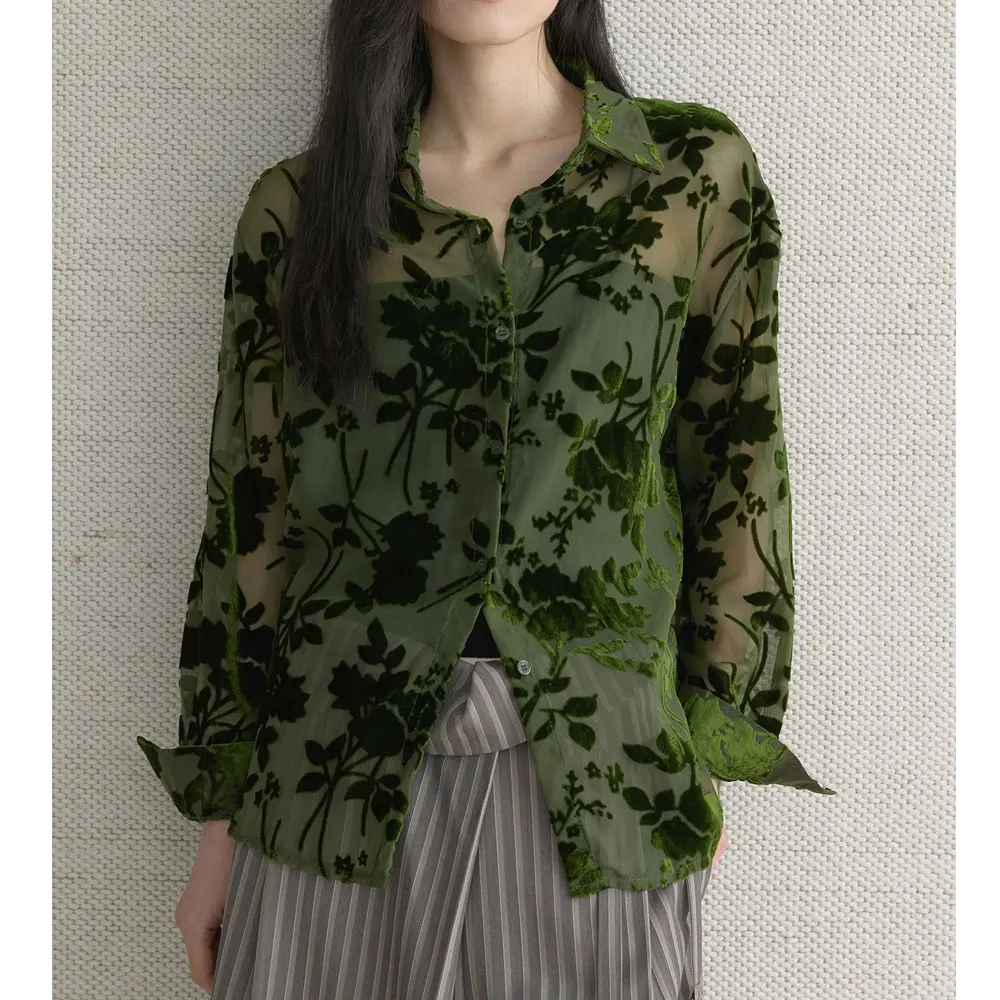 

2025 Women Spring Summer Sexy See Through Flower Blouses Turn Down Collar Long Sleeve Fashion Boho Women Sexy Shirts