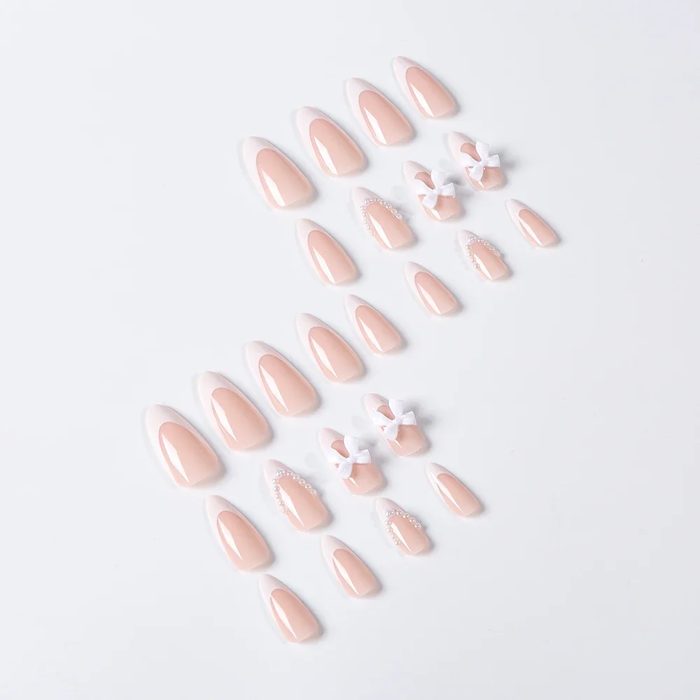 24 pièces (+ outils) perle arc nu rose presse sur ongles blanc français bout des doigts amande couverture complète Fasle ongles nouvel an accessoires pour ongles