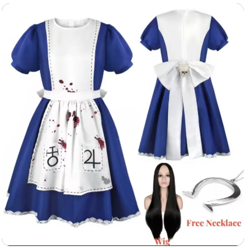 Anime Alice Princess Dress Maid Apron Dress Game Madness Returns Alice Cosplay Costume Adult Women Girls Halloween Costume Wig