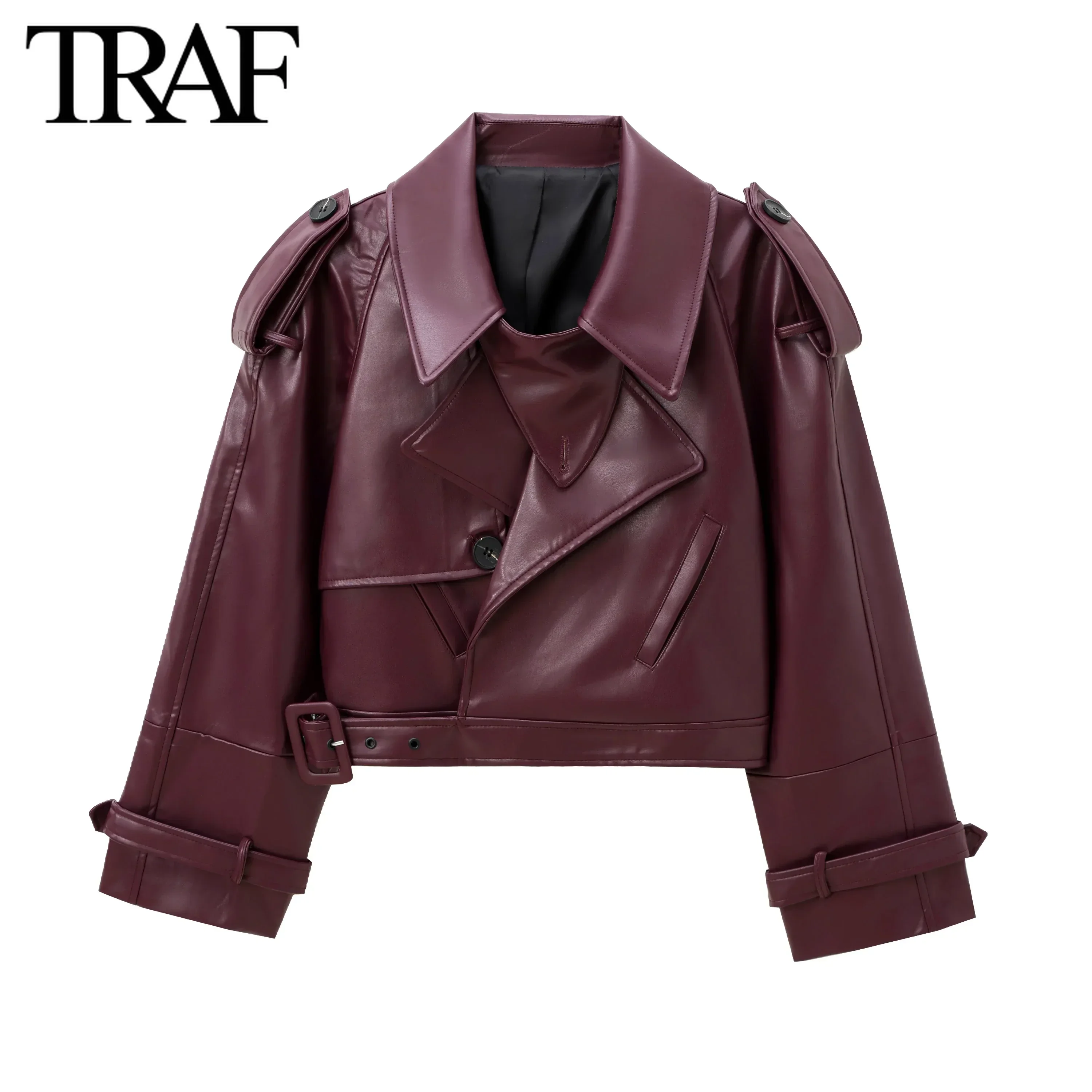 TRAF Women Fashion Autumn New Locomotive Style Solid Color Leather Trench Coat Jacket Long Sleeved Short Coats Chic Ladies Tops