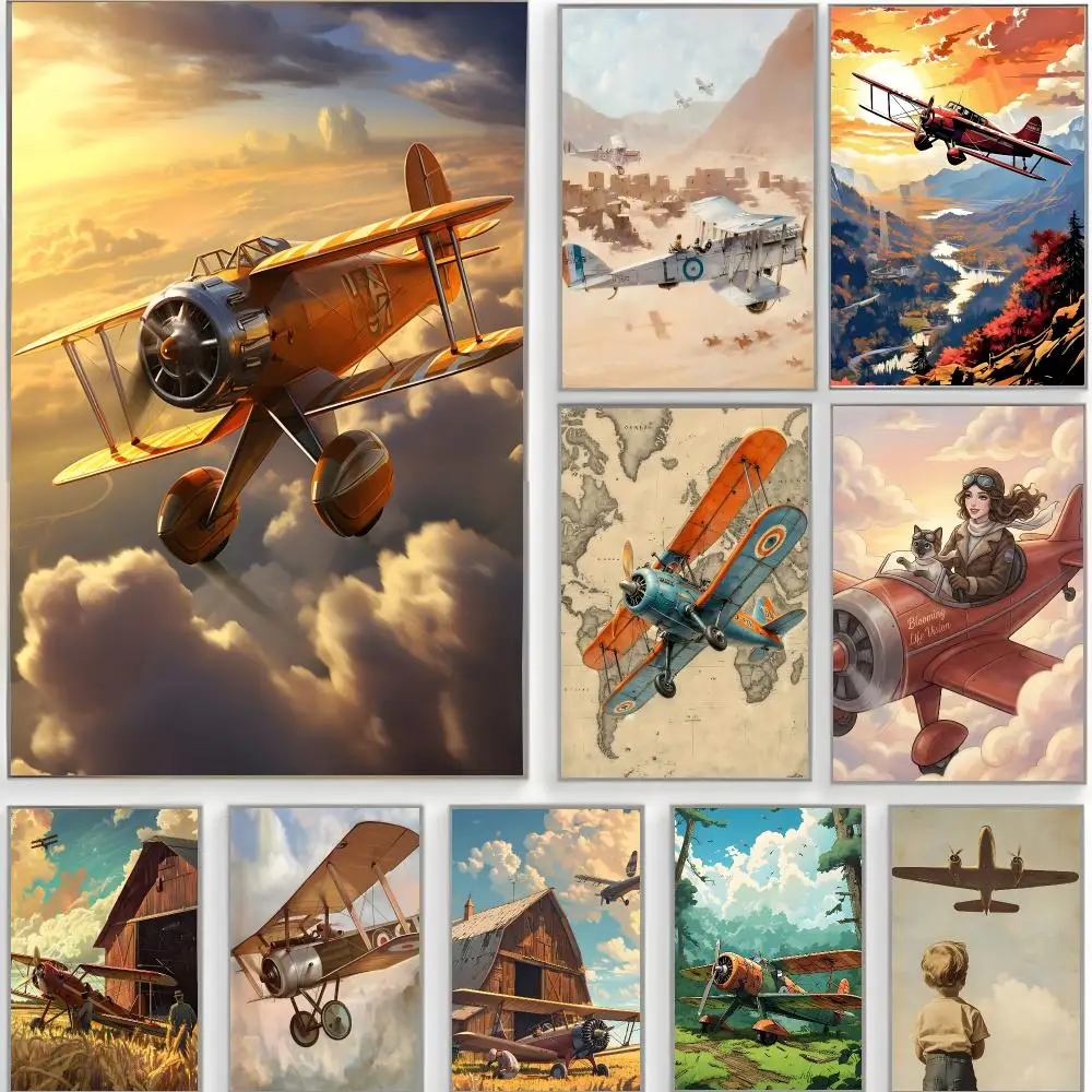 retro illustration v-vintage plane adventure Poster Classic Wall Art  Home Decor  Peel and Stick Unframed