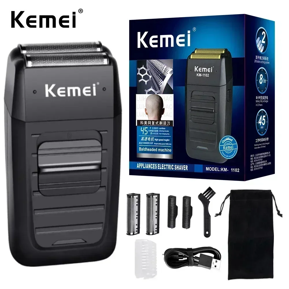 Kemei KM-1102 recarregável sem fio barbeador para homens lâmina dupla alternativa barba navalha cuidados faciais multifuncional forte aparador