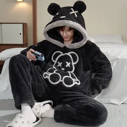 Autumn Winter Men's Coral Velvet Pajamas Set Cartoon Thickened Hooded Flannel Sleepwear Warm Home Suit Comfortable Loungewear