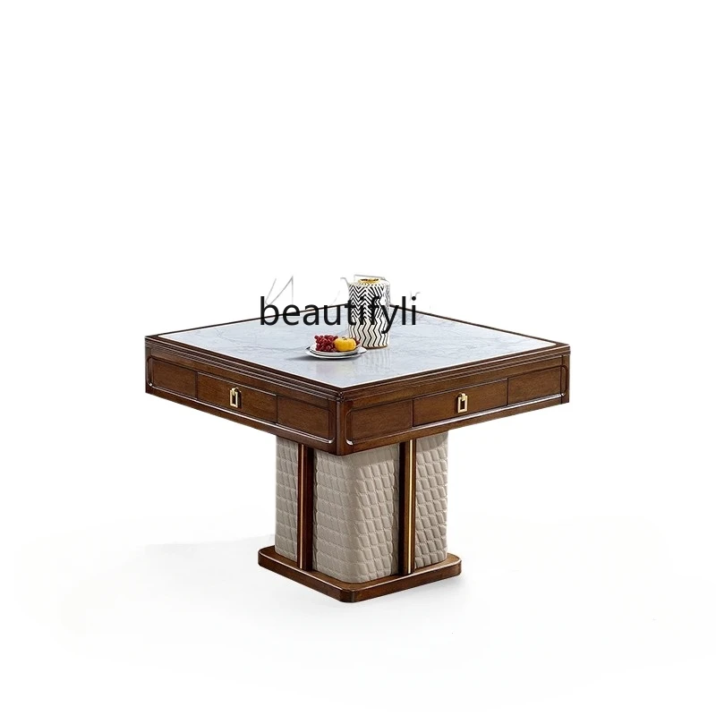 

New Chinese solid wood automatic household rock slab mahjong table dining table dual-purpose integrated multi-function