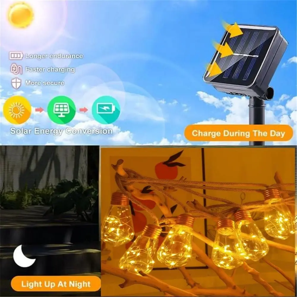 Waterproof Solar String Lights Rope Lights Shatterproof Bulbs Outdoor String Lights Energy Saving Bulb Lights Copper Wire Lights