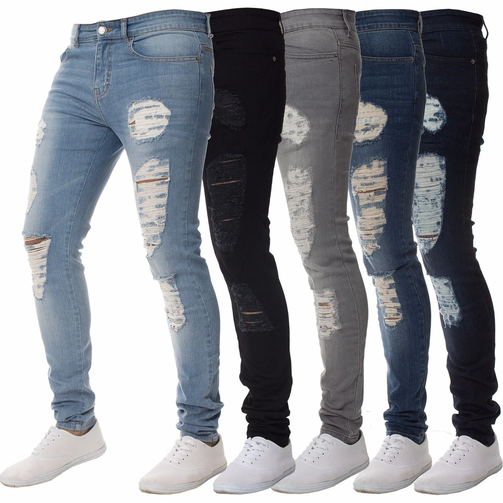 

New European and American denim men's pants with torn holes, trendy black slim fitting high waisted ripped jeans for men