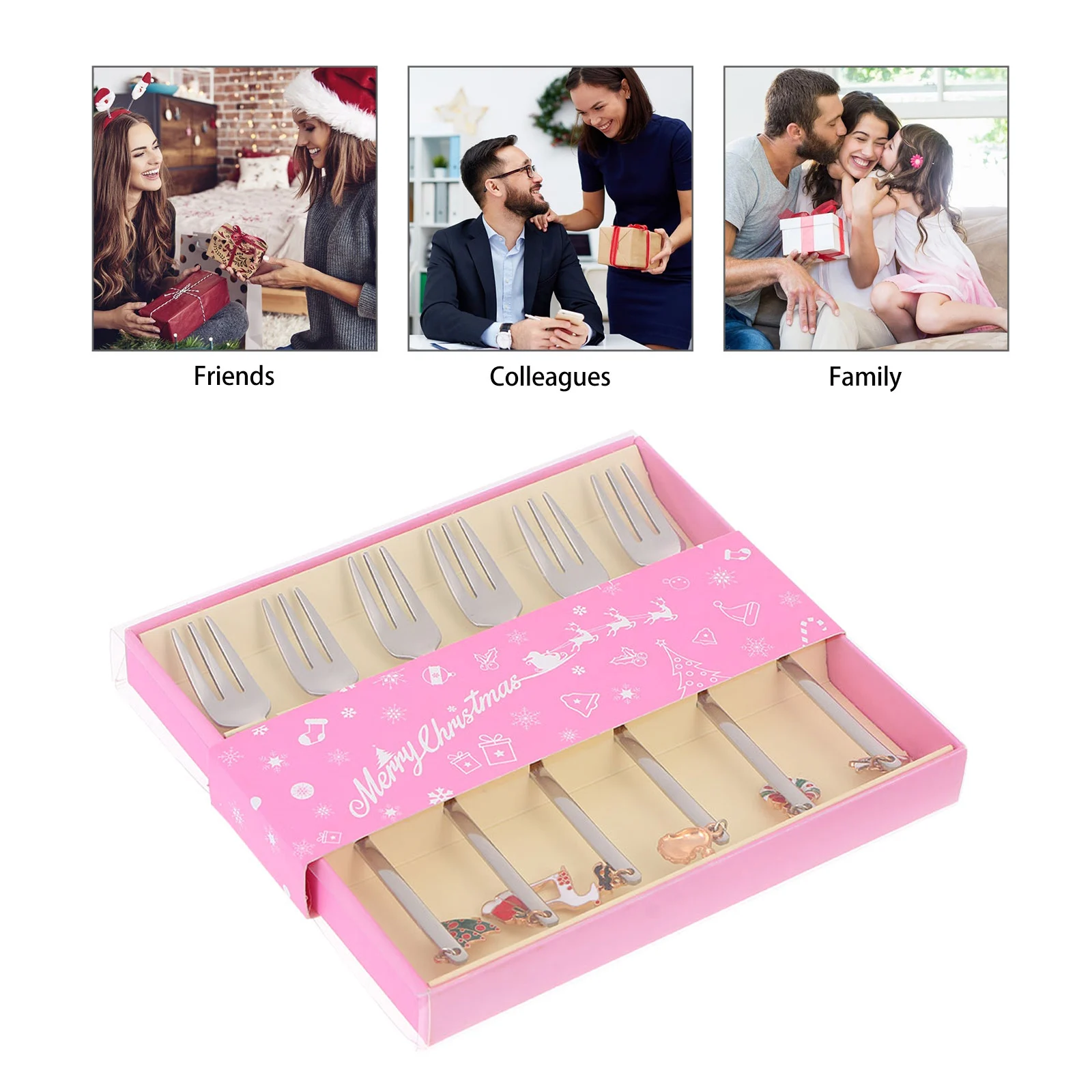 

6 Pcs Christmas Forks Stainless Steel 304 Coffee Toothpick Spoons Gift Box Dessert Cutlery Set Easy Clean Modern Design