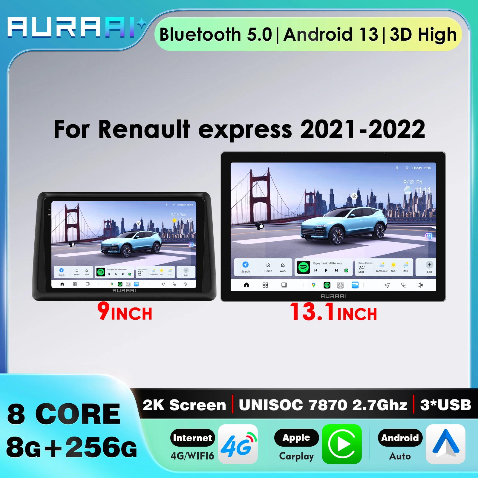 Sistema Inteligente para Auto Android Auto 8G+256G para Renault EXPRESS 2021-2022, Carplay Inalámbrico, ADAS, Pantalla con Interfaz 3D, GPS, Navegación 4G-LTE, 360