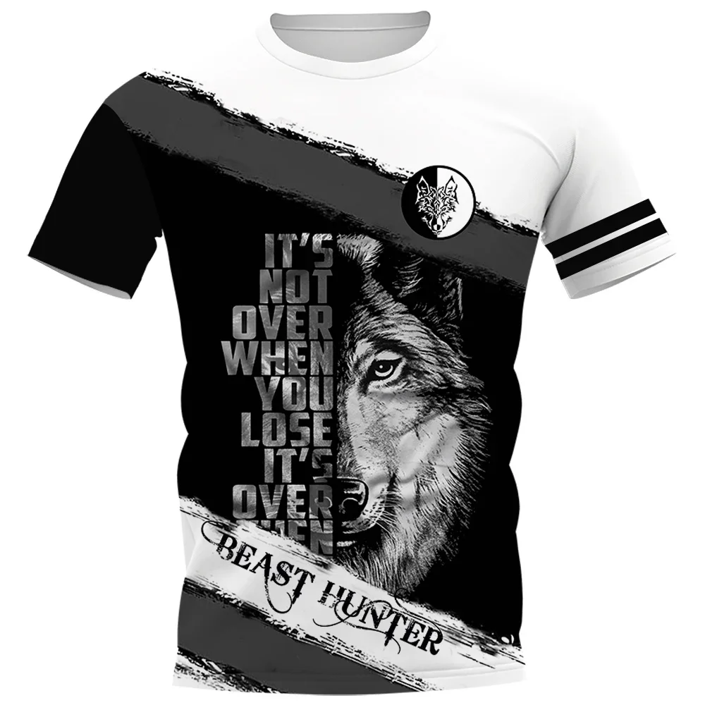 HX Beast Hunting T-shirts Fashion Animals Wolf Letter Splicing T Shirts Men Women Casual Shirts Summer Short Sleeve Tees