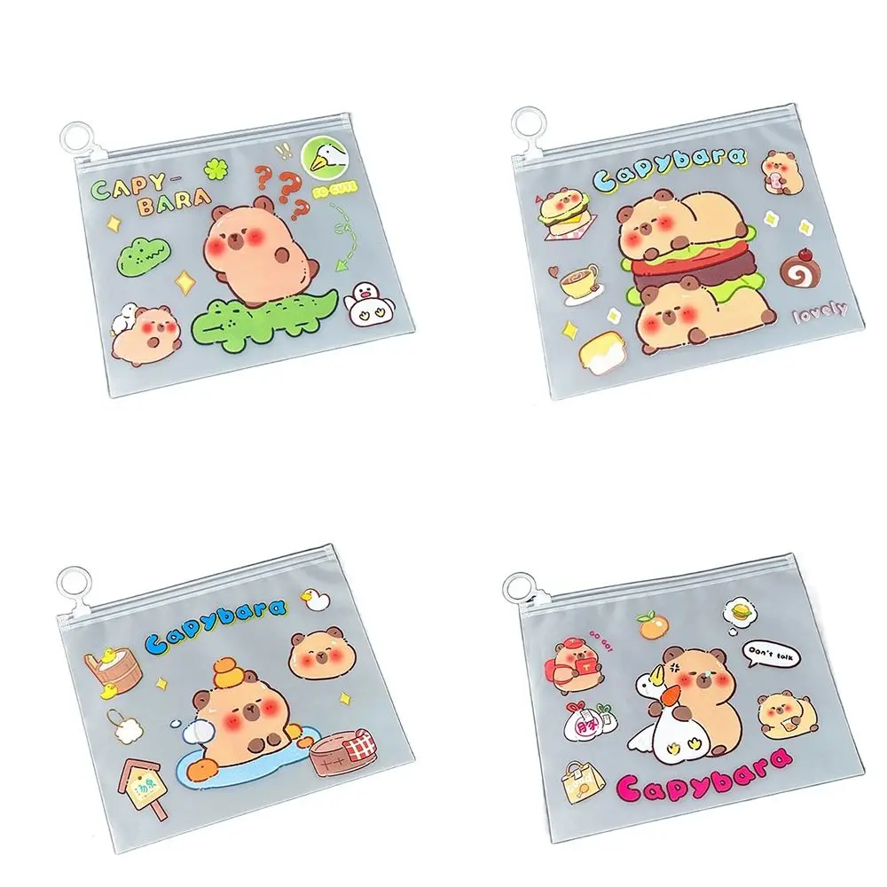 New PVC Capybara File Bag Cute Cartoon Transparent Test Paper Storage Pouch Portable Large Opening Zip File Bag Student