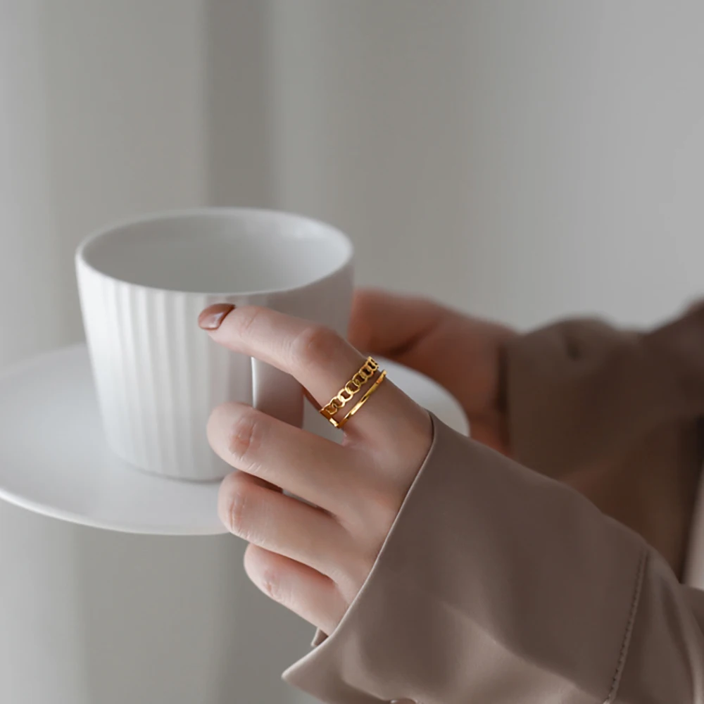 Peri'sBox Punk 2 Layers Hollow Oval Chain Ring For Women Gold Color Trendy Adjustable Opening Ring Hip Hop Simple Geometric Ring image 2