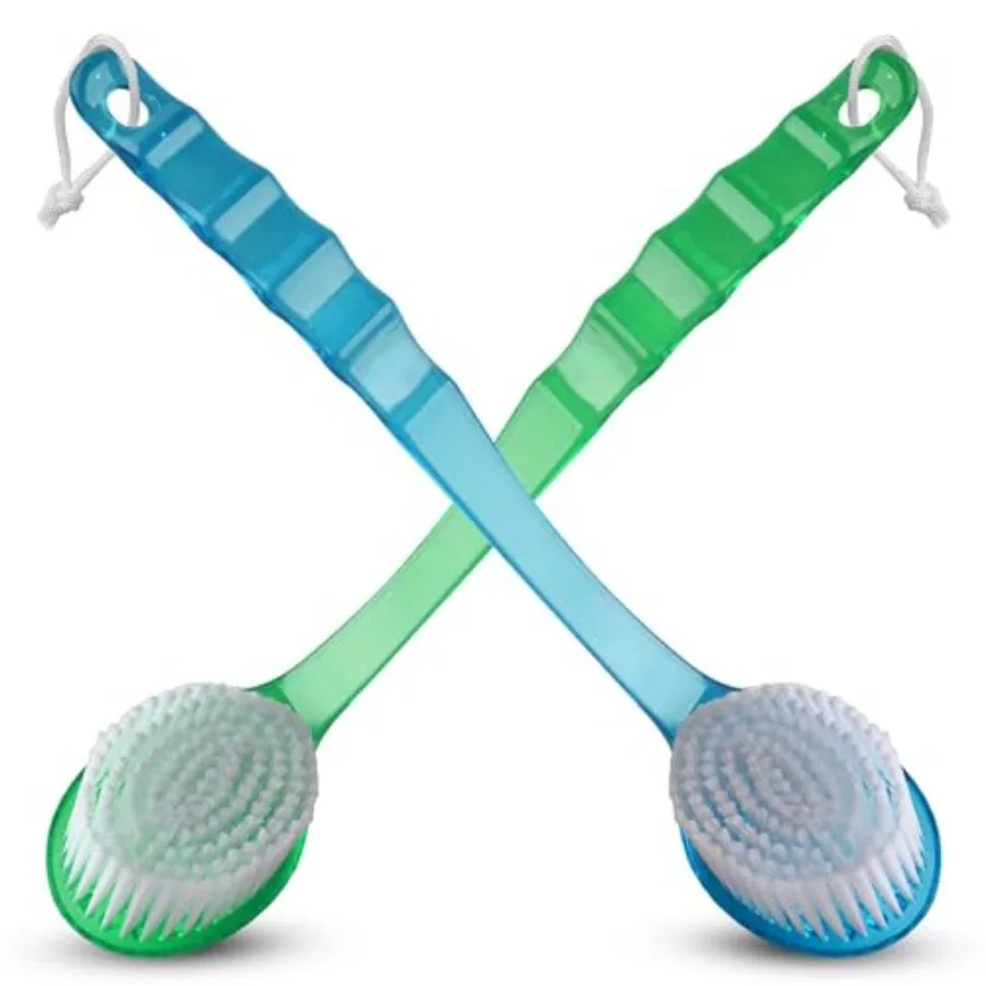 

2 Pack Bath Body Brush Long Handle Back Shower Brush Exfoliating Back, Body, and Feet Scrubber Soft Nylon Bristles Blue and Gre