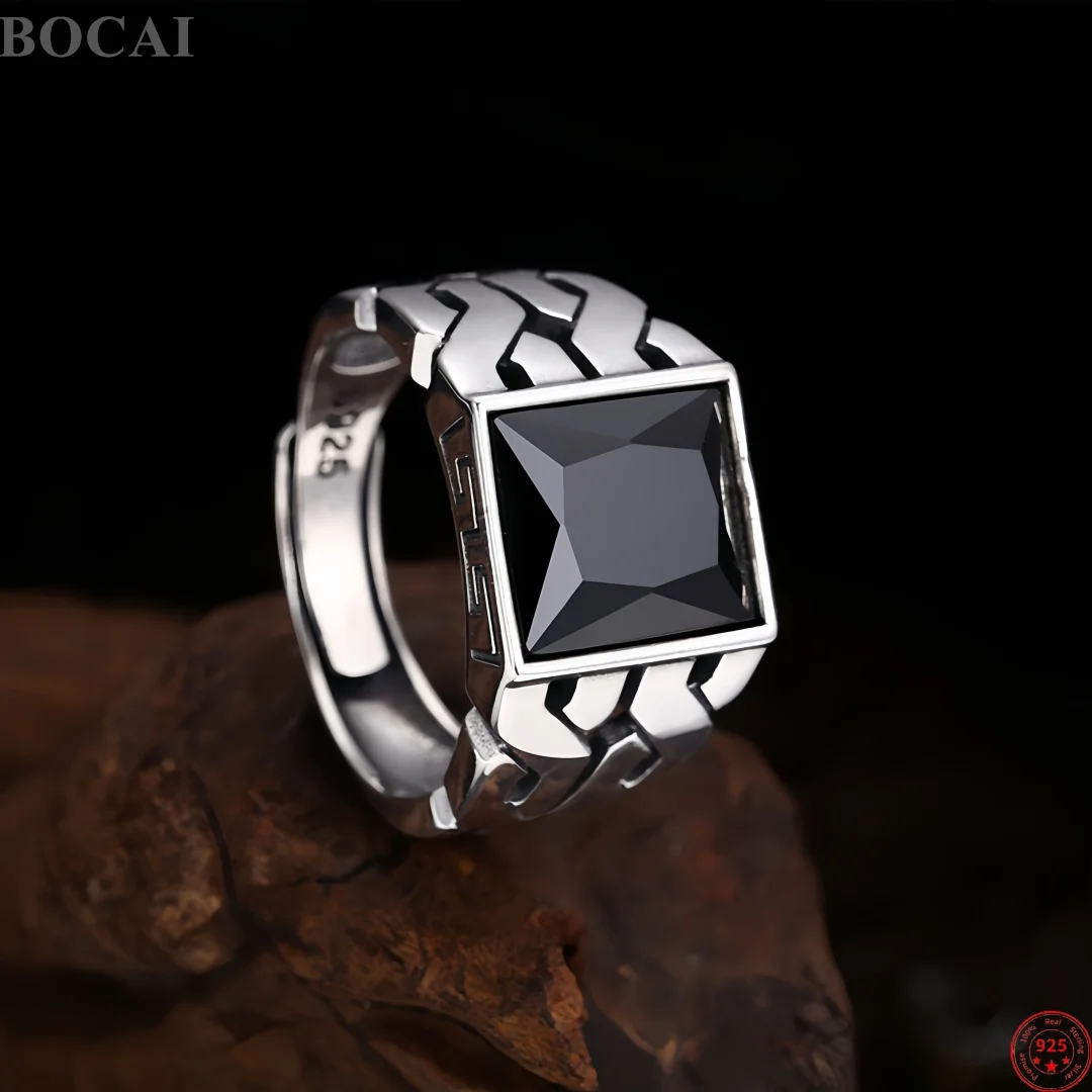 Anillos de Plata de Ley S925 BOCAI, Nuevos, para Hombre, con Patrón de Cadena Tejida Antigua, Ágata Negra, Anillo Ajustable, Joyería Fina