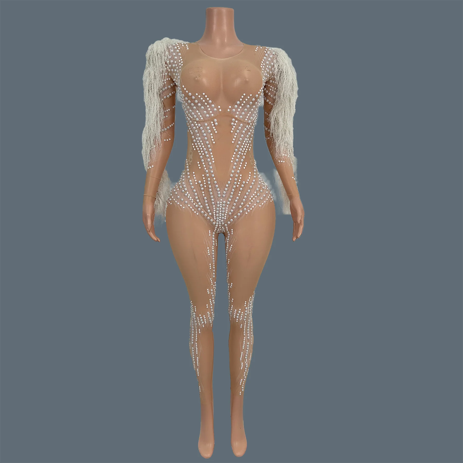 

Женский облегающий комбинезон с блестящими жемчужинами и бисером, сексуальный, с длинными рукавами, для дня рождения, вечеринки, сценических выступлений, фотосессий, Bingshuang