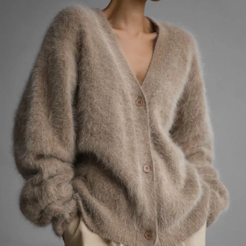 

2025 Autumn and Winter Fashion New Women's Elegant Knitted Mink Fur Cardigan Single Breasted V-neck Warm Loose Sweater Jacket