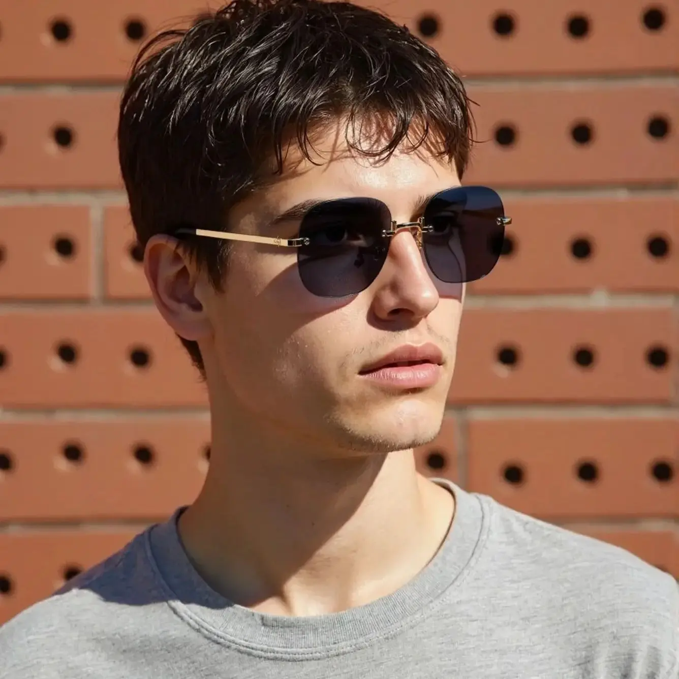 メンズオーバルフレームレスエッジサングラス、トレンディなストリートフォトグラフィー、トラベルサングラス、モデルカバーグラス