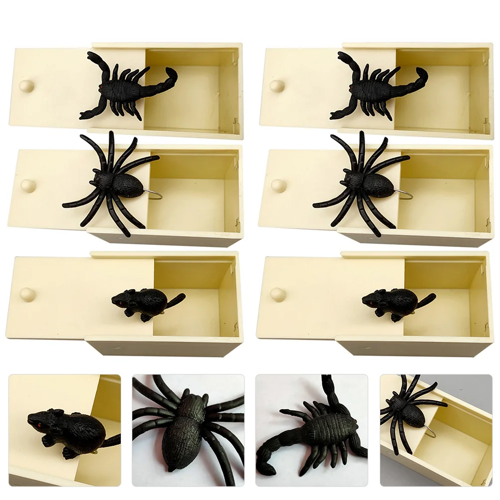 6pcs Halloween Prank Set Fake Spider Scorpion Mouse Simulated Insects Trick Box For Party Scare Surprise Gift Artificial Bug