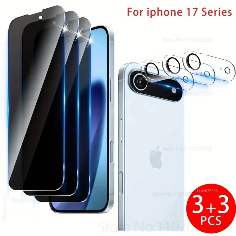 

[3+3]3pcs Anti-Spy Tempered Glass+3pcs Camera Protector for IPhone 16 Promax 17 Promax Air 12 13Mini 15 Plus 14 Promax 16E Glass
