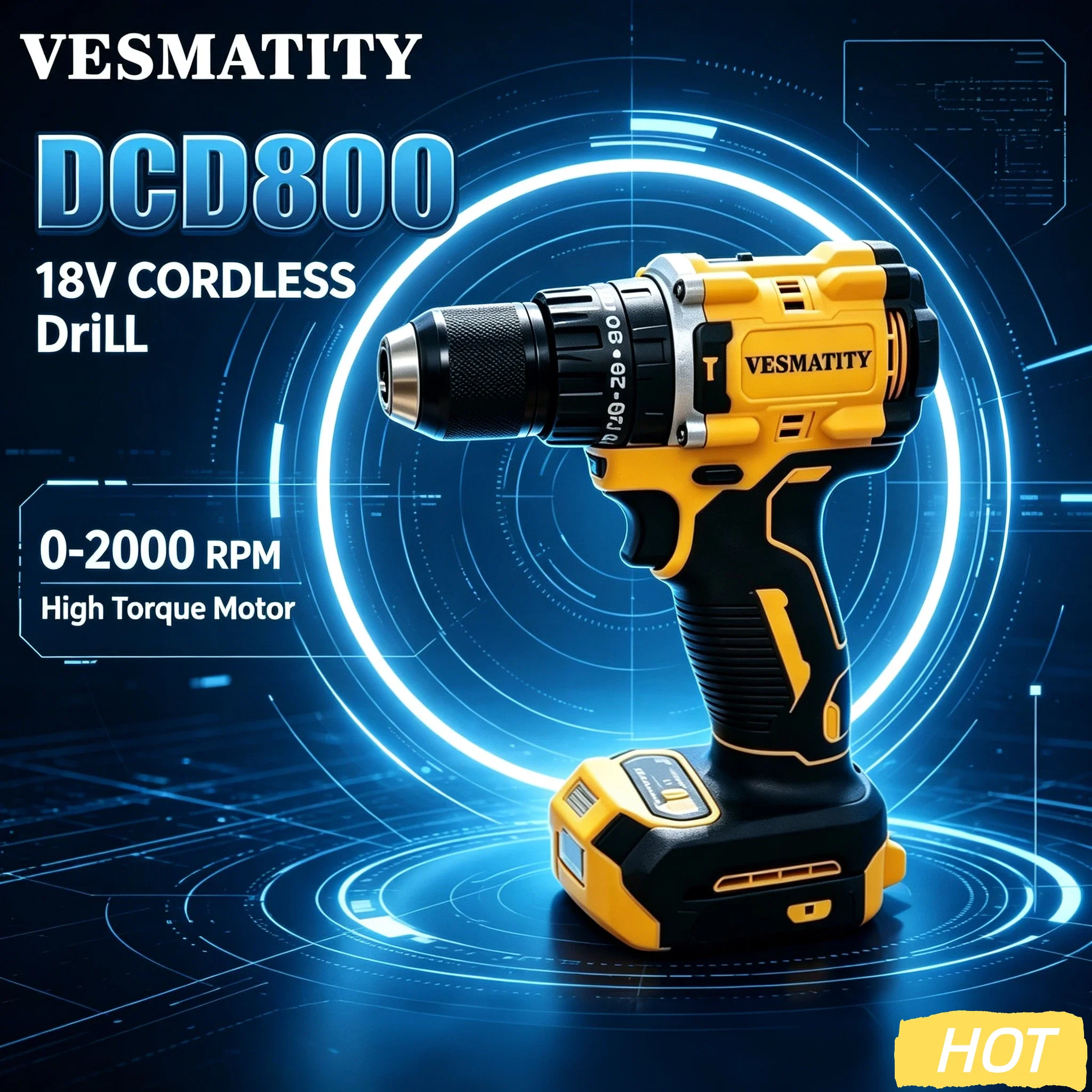 Vesmatity DCD800 20V Brushless Compact Drill Driver 90Nm Torque 2 Speed Cordless Tool for Home Workshop Pro Max Elite Plus