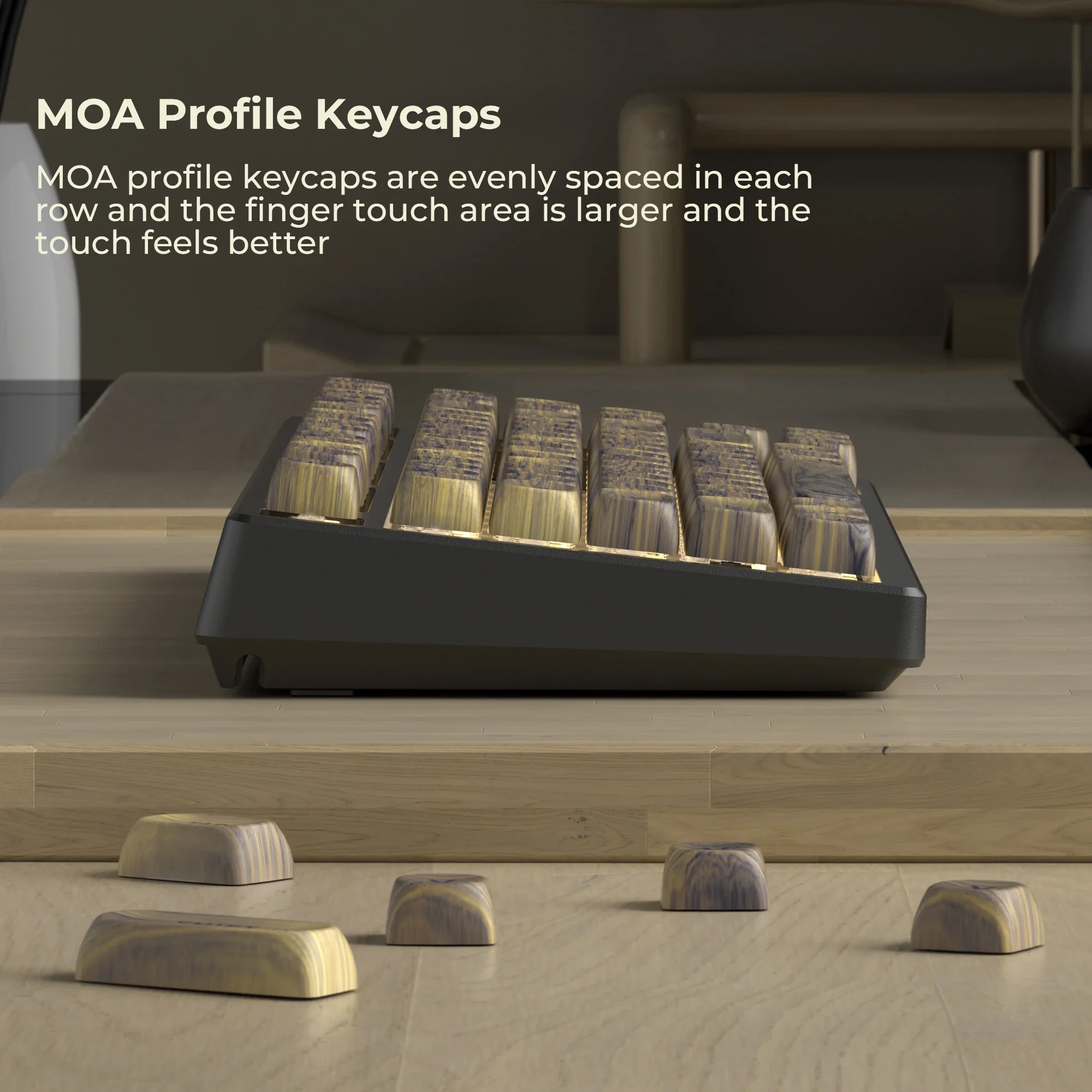 Teclado mecánico PBT con tapa de tecla MOA de grano de madera clara